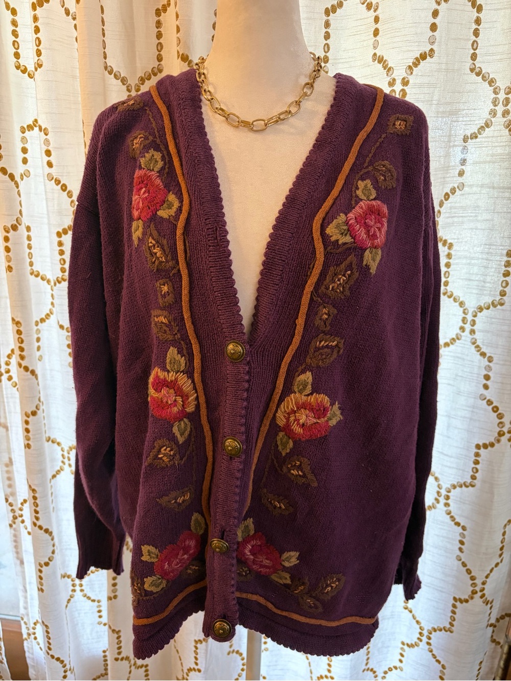 Vintage Kathie Lee Collection Plum Cardigan with Floral Embroidery